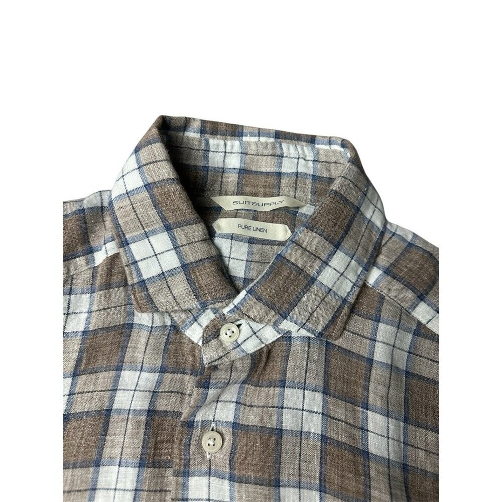 Suitsupply Shirt Mens Large Brown Tartan Plaid Pure Linen Slim Fit 39/40 15½/15¾
